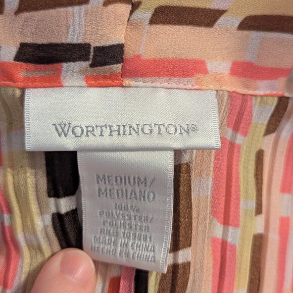 Worthington crinkled blouse in pink, brown, and yellow - M - Picture 8 of 8